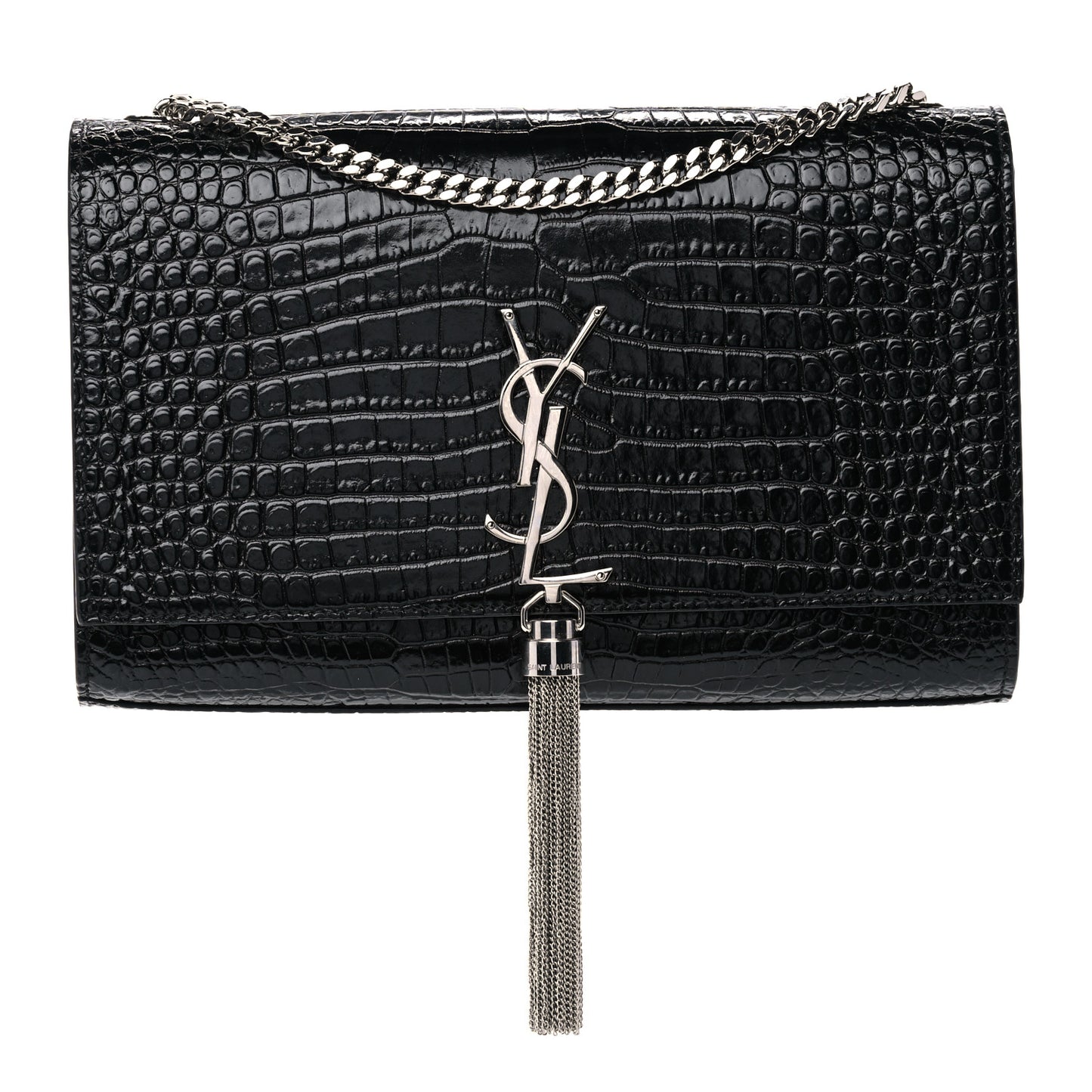Calfskin Crocodile Embossed Medium Classic Monogram Kate Tassel Satchel Black