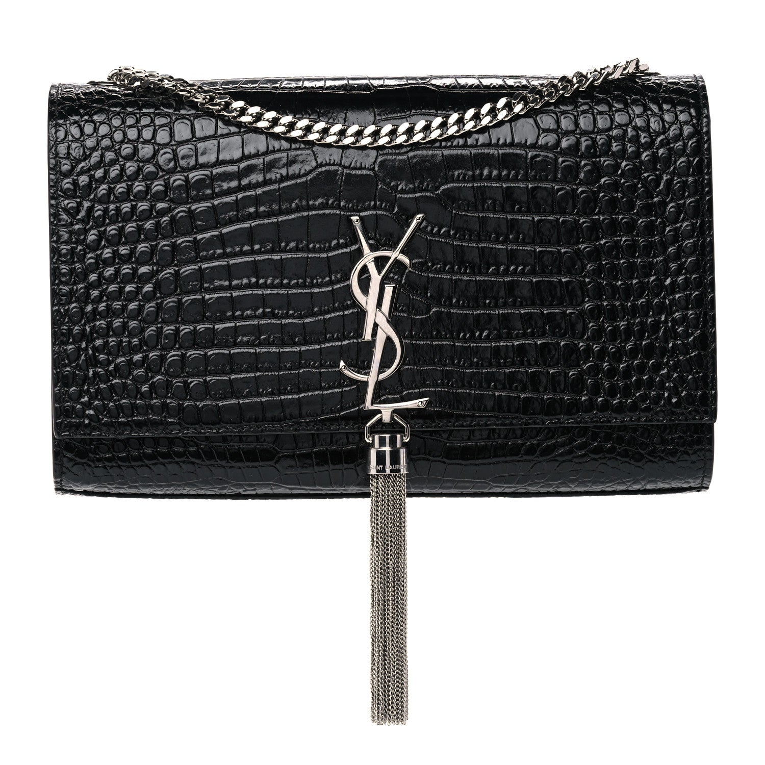 Saint Laurent Calfskin Crocodile Embossed Medium Classic Monogram Kate Tassel Satchel Black 1 of 10
