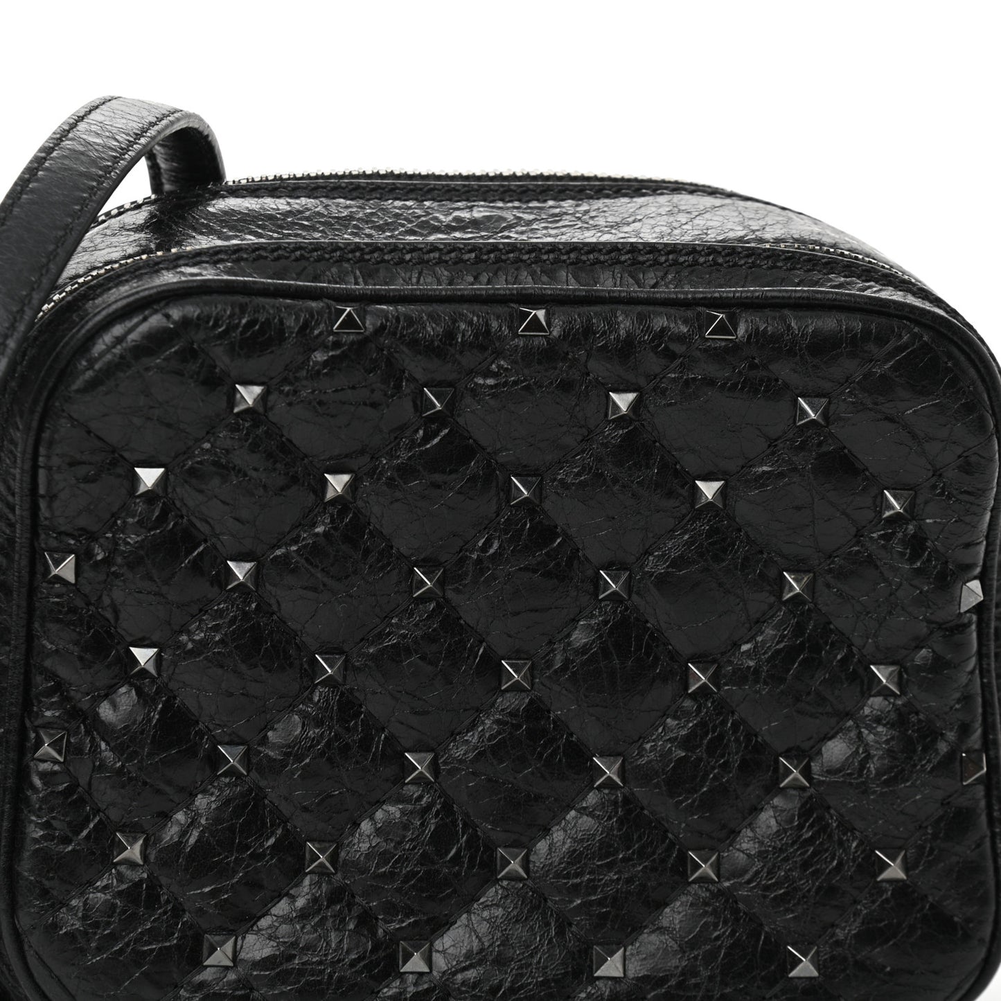 Craquele Nappa Rockstud Spike Double Zip Camera Crossbody Bag Black