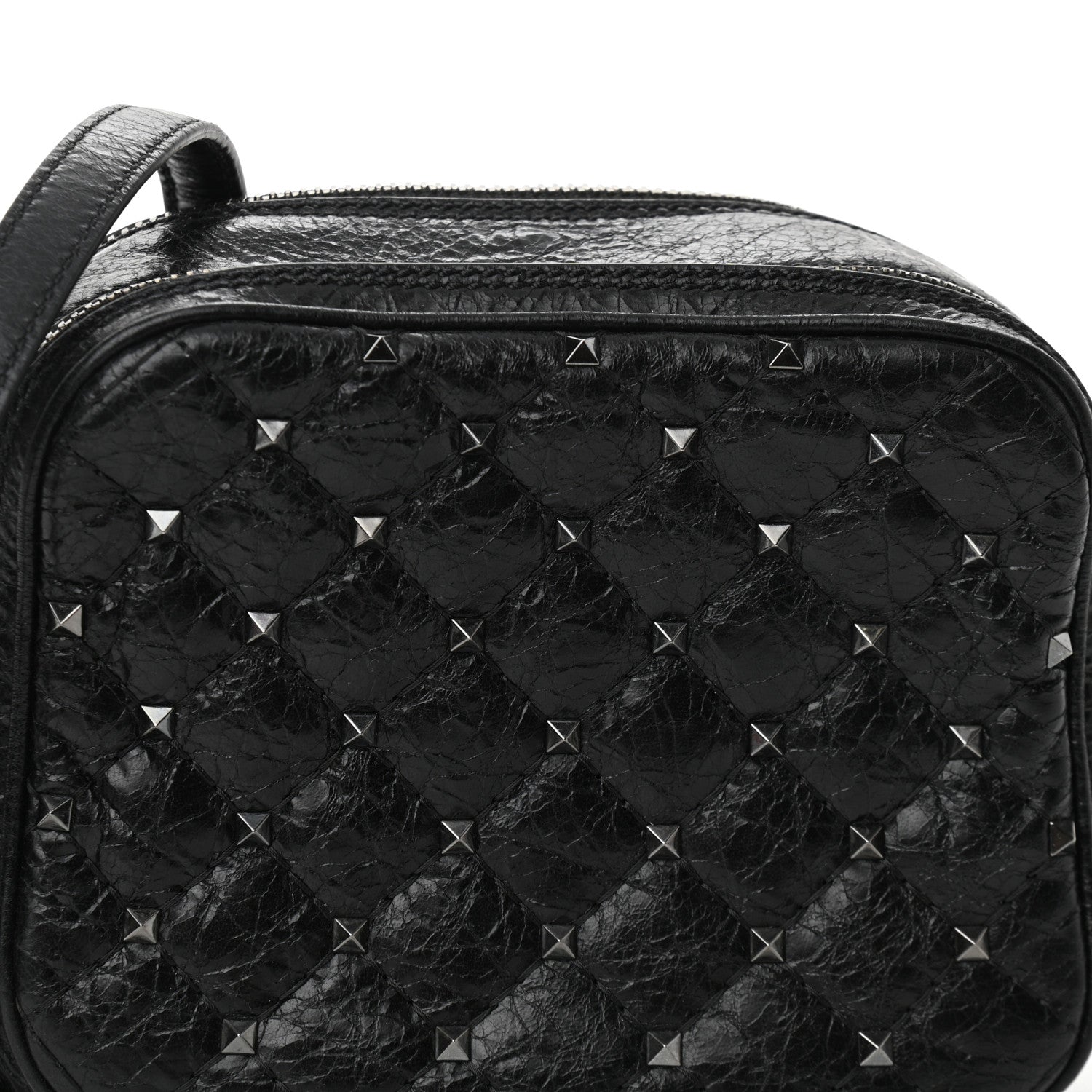 Valentino Garavani Craquele Nappa Rockstud Spike Double Zip Camera Crossbody Bag Black 6 of 9