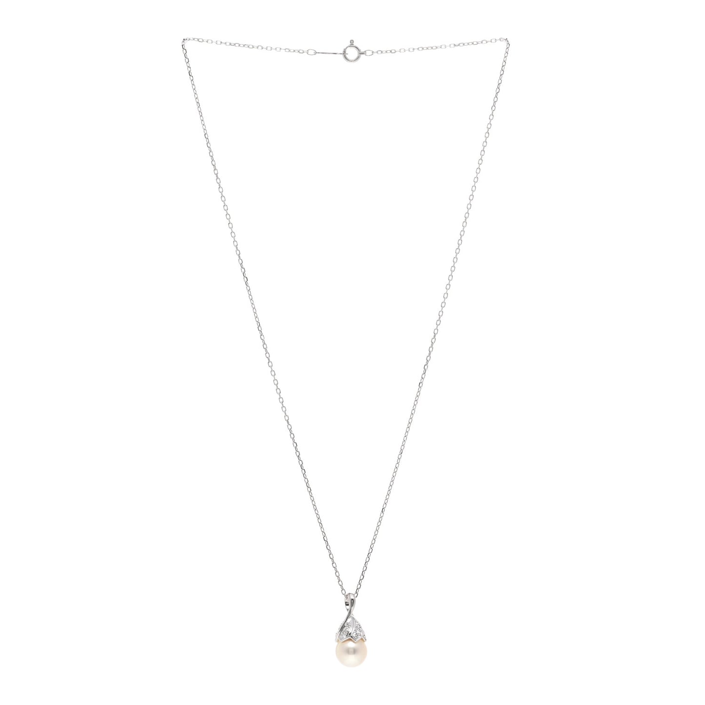 18K White Gold Diamond Pearl 8.5mm Pendant Necklace