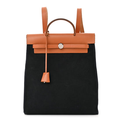 Hermes Toile Vache Calfskin Herbag 30 PM Backpack Black Natural 1 of 13