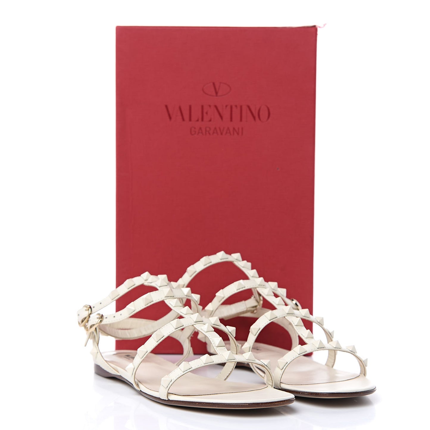 Calfskin Lacquered Monochrome Rockstud Gladiator Flat Sandals 38 Ivory