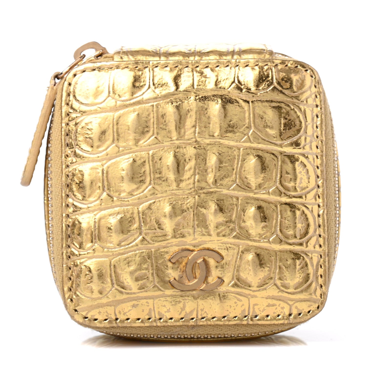 Chanel Metallic Calfskin Crocodile Embossed Cocodile Jewelry Travel Case Gold 1 of 4