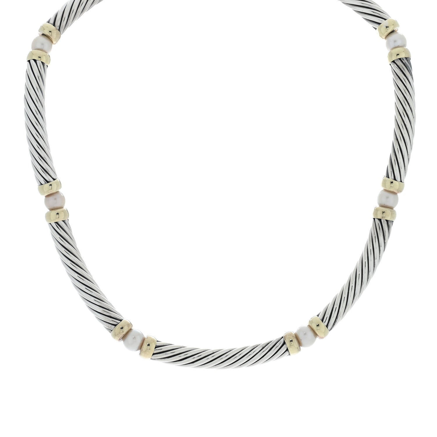 David Yurman Sterling Silver 14K Yellow Gold Pearl Hampton Cable Choker Necklace 1 of 4