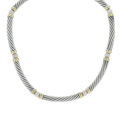 David Yurman Sterling Silver 14K Yellow Gold Pearl Hampton Cable Choker Necklace 1 of 4