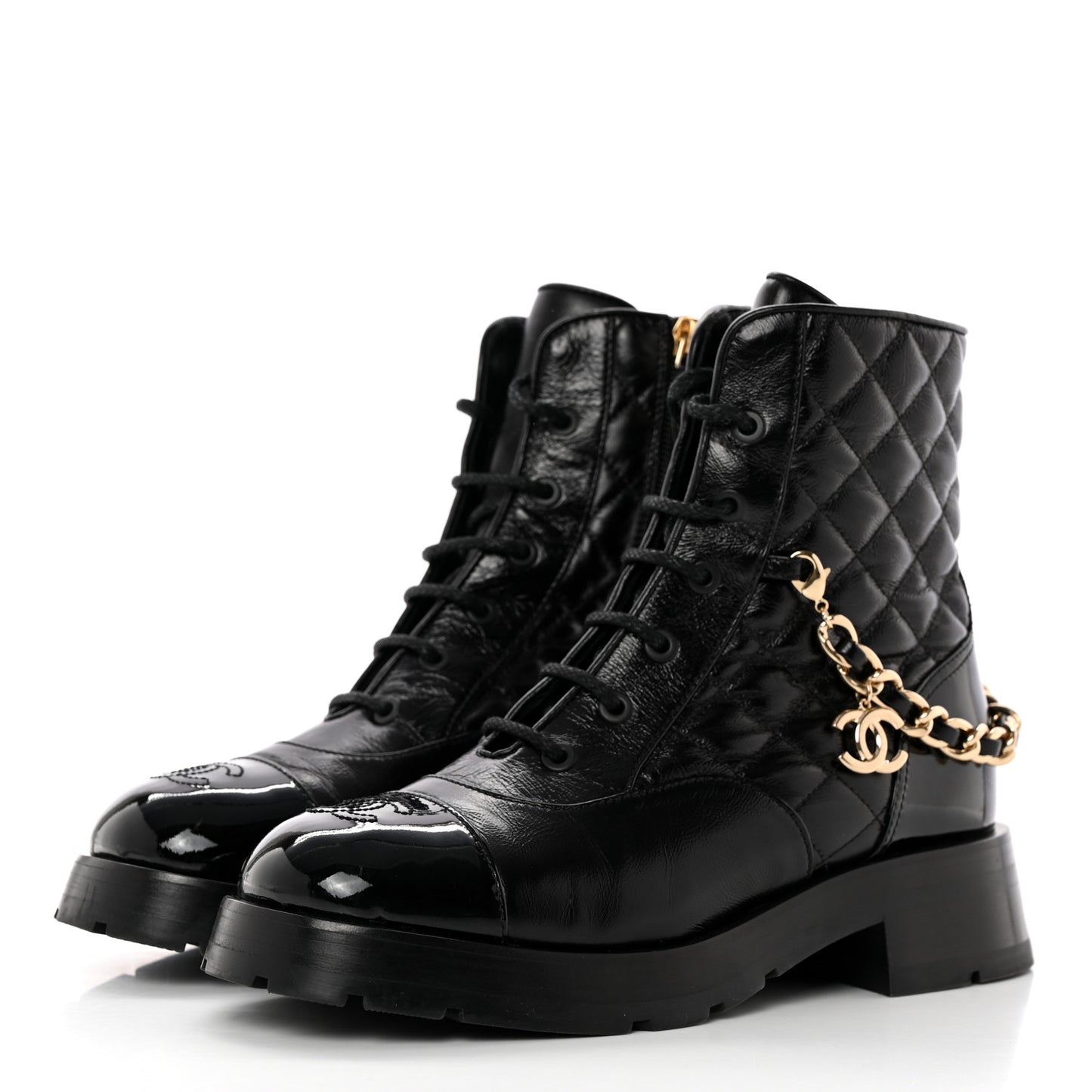 Shiny Calfskin Patent Quilted Chain Lace Up Combat Boots 37.5 Black