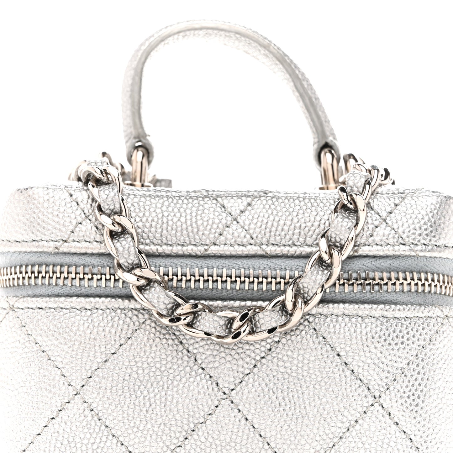 Metallic Caviar Quilted Mini Top Handle Vanity With Chain Silver