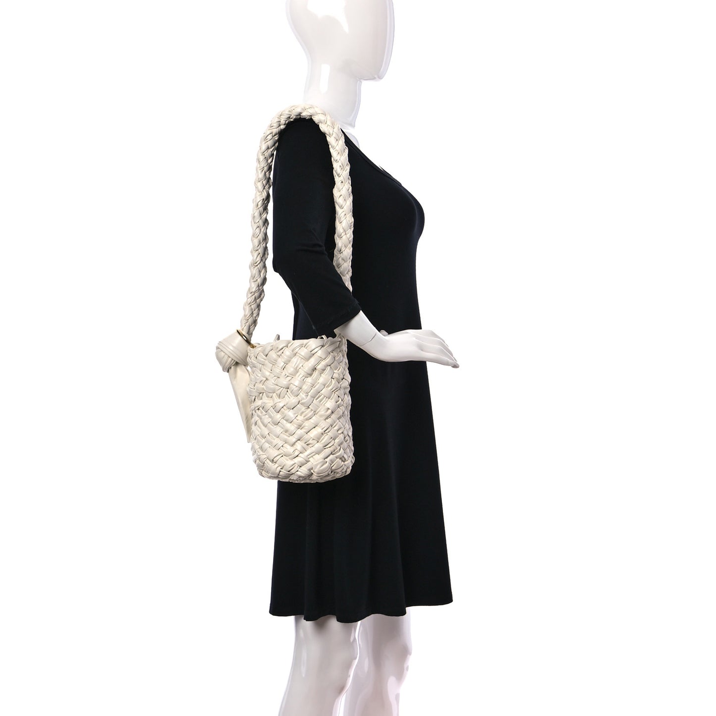 Calfskin Intrecciato Small Foulard Kalimero Bucket Bag Bone