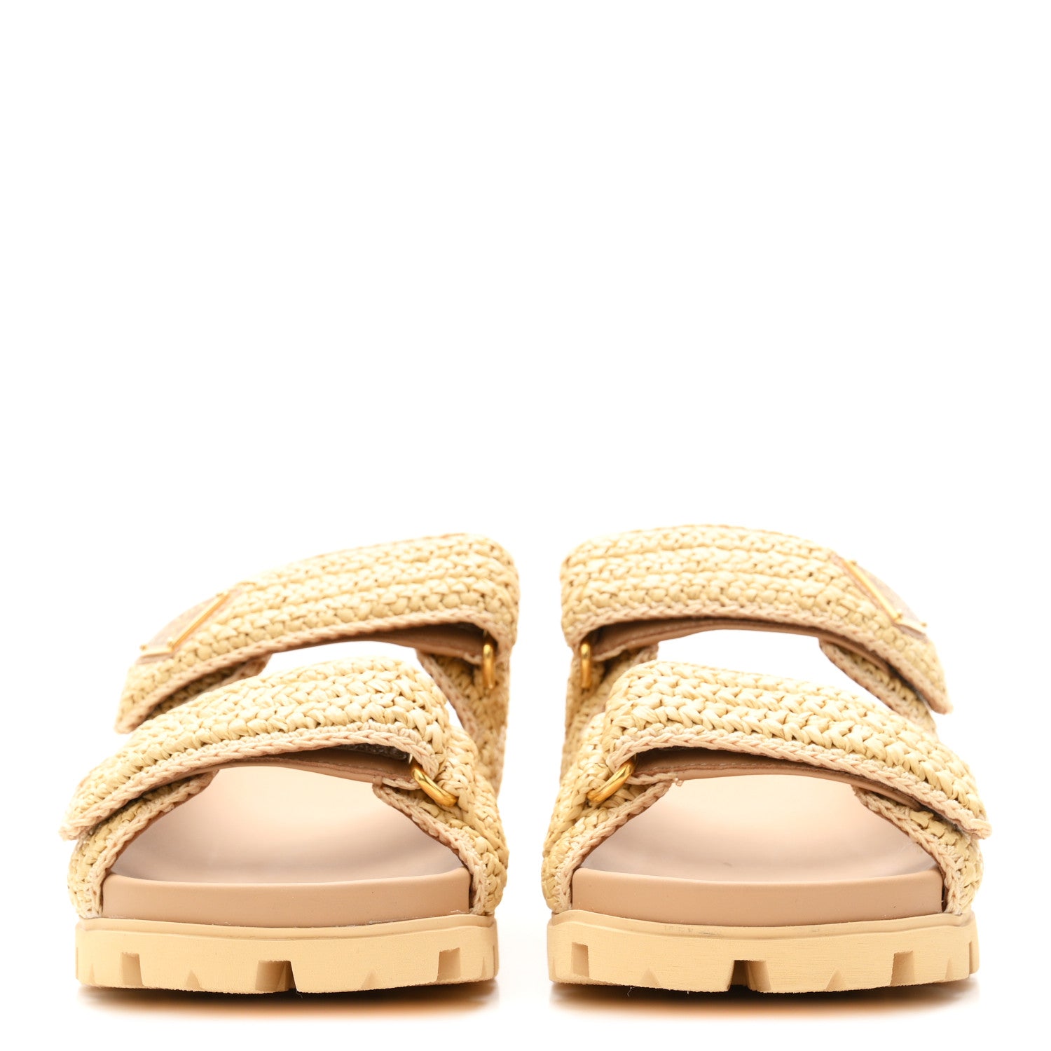 Prada Raffia Calfskin Crochet Metal Triangle Logo Womens Double Buckle 20mm Slide Sandals 38 Naturale 3 of 10