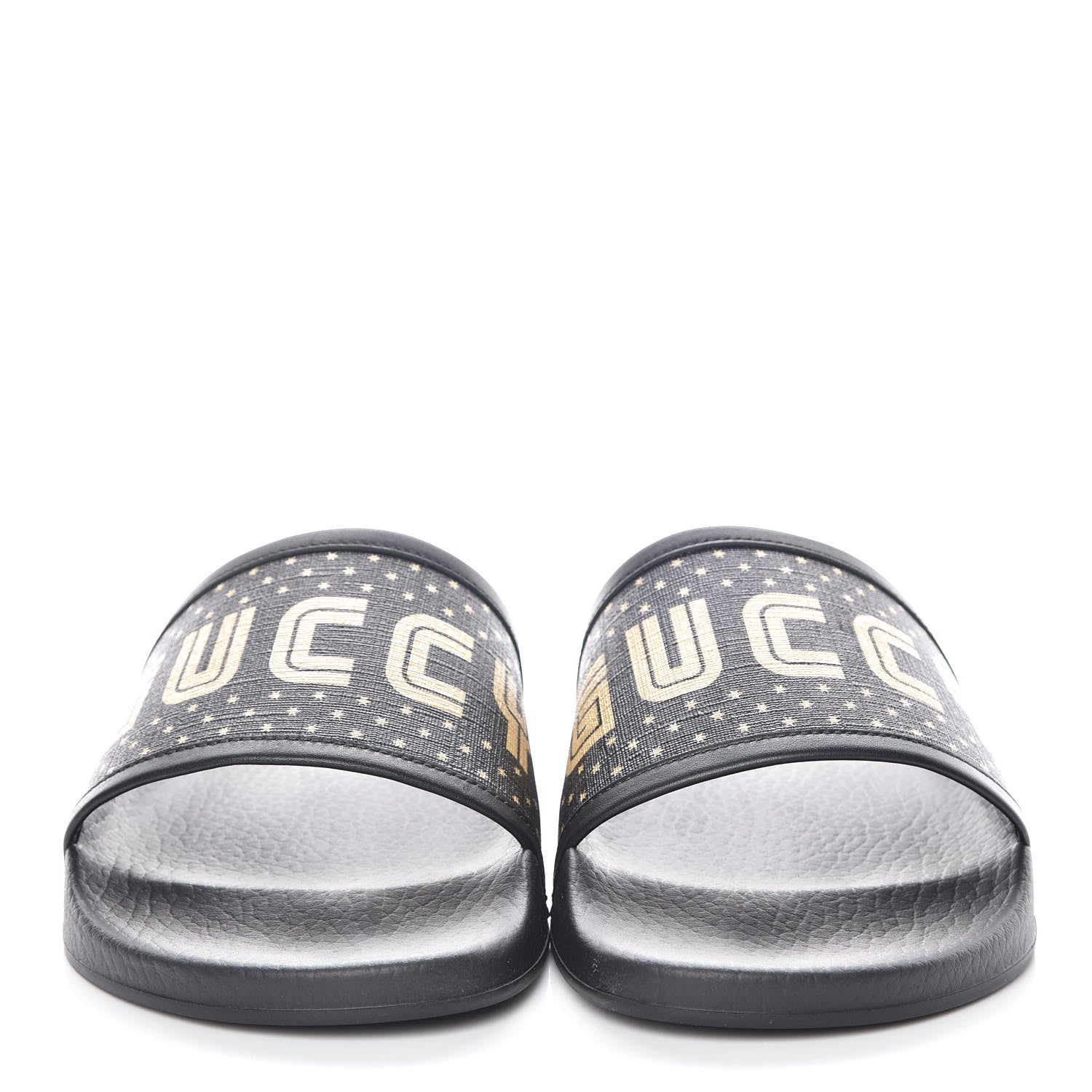 Gucci X SEGA Supreme Canvas GUCCY Stars Mens Slide Sandals 8 Black Gold 2 of 8