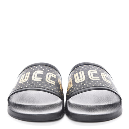 Gucci X SEGA Supreme Canvas GUCCY Stars Mens Slide Sandals 8 Black Gold 2 of 8