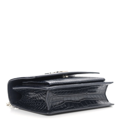 Saint Laurent Calfskin Crocodile Embossed Monogram Sunset Chain Wallet Navy 4 of 15
