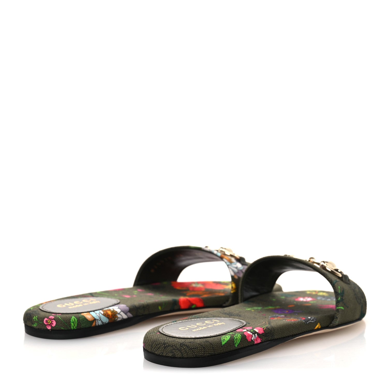 Gucci Canvas Flora Floral Horsebit Slide Sandals 36 Green 5 of 11