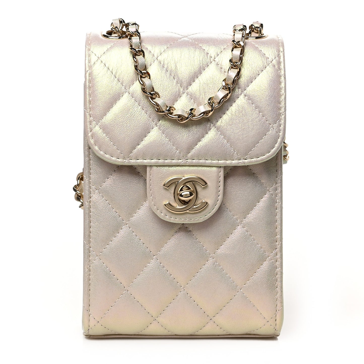 Iridescent Lambskin Quilted CC Phone Holder Ivory