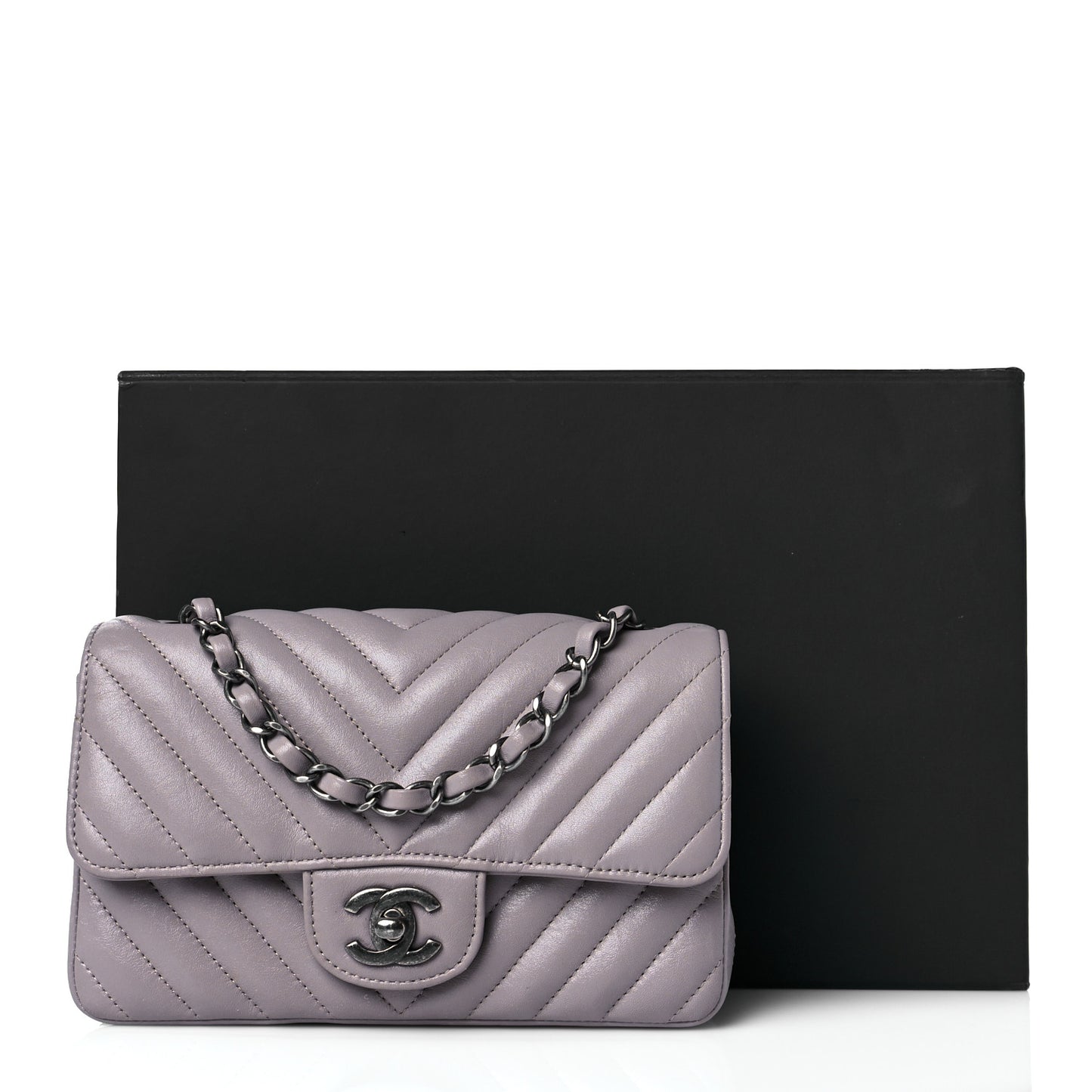 Iridescent Calfskin Chevron Quilted Mini Rectangular Flap Grey