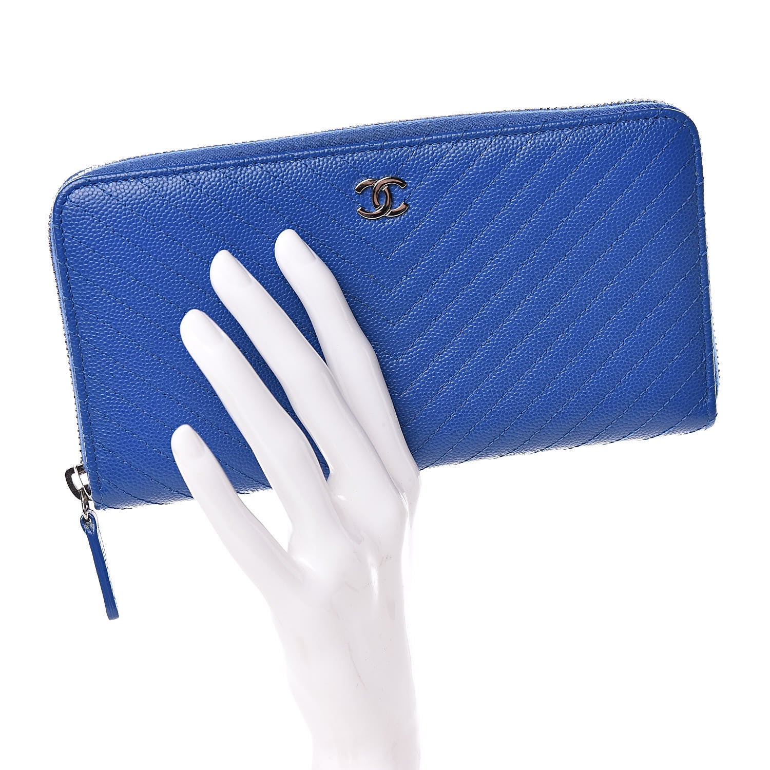 Chanel Caviar Chevron Quilted Large Gusset Zip Around Wallet Bright Blue 2 of 11