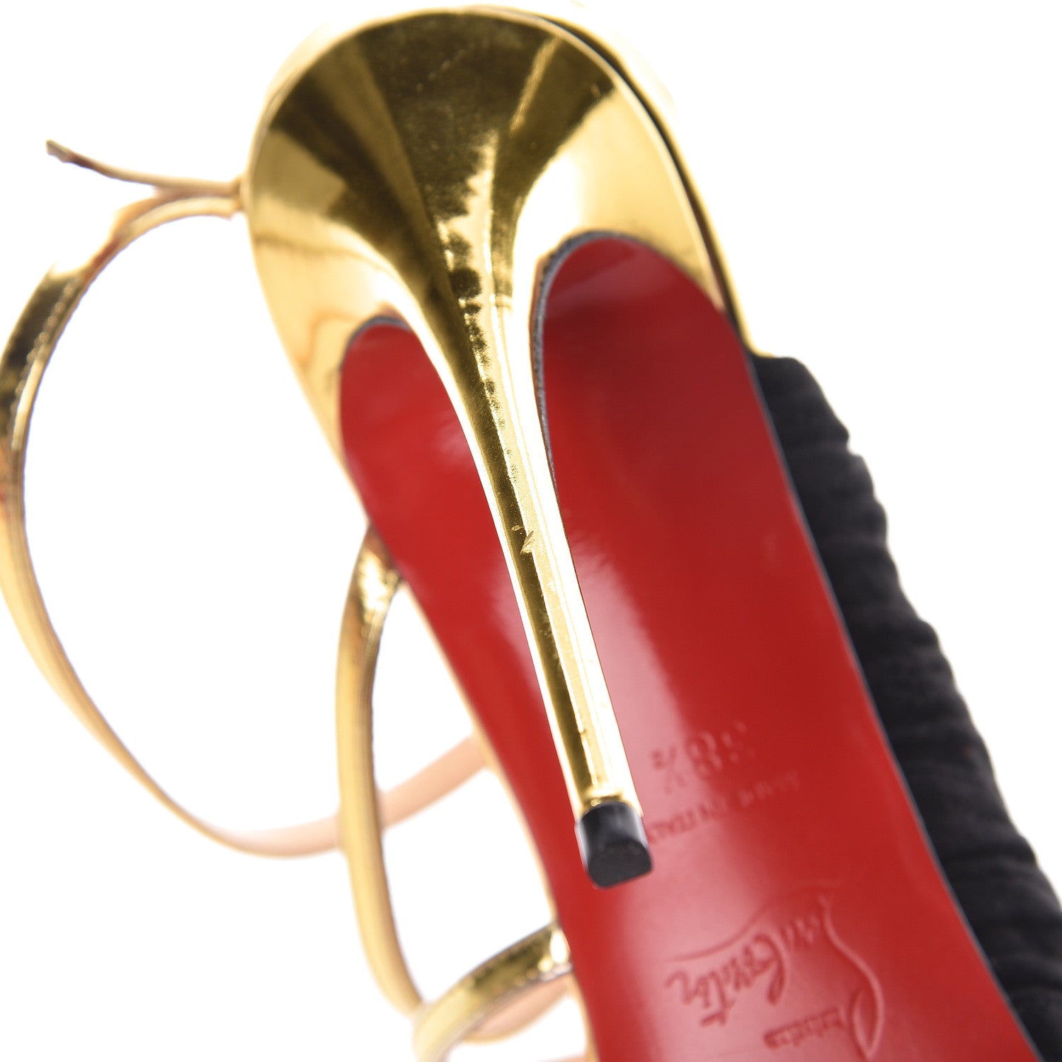 Christian Louboutin Specchio Veau Velours Tina Cage 100 Ankle Strap Sandals 38.5 Gold Black 9 of 10