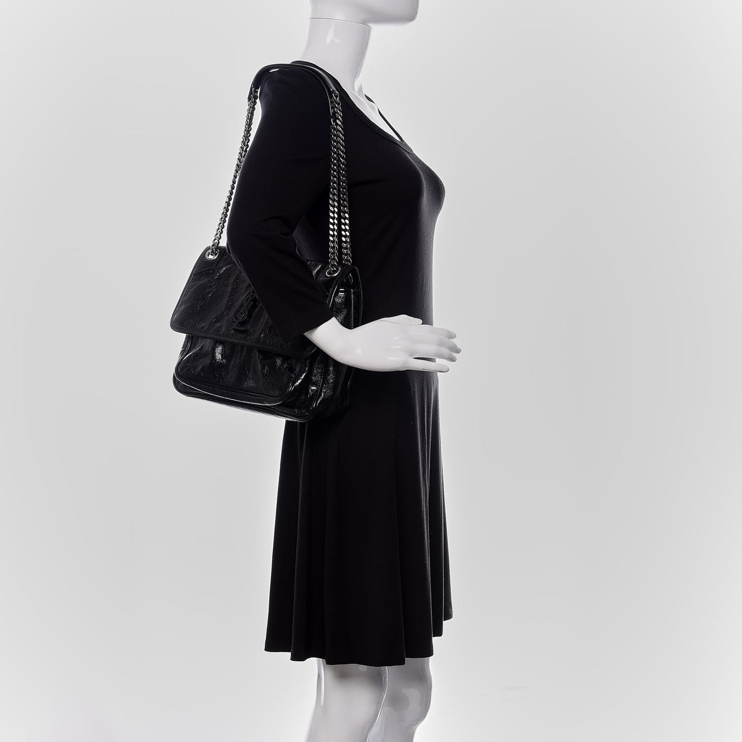 Crinkled Calfskin Matelasse Monogram Medium Niki Chain Satchel Black