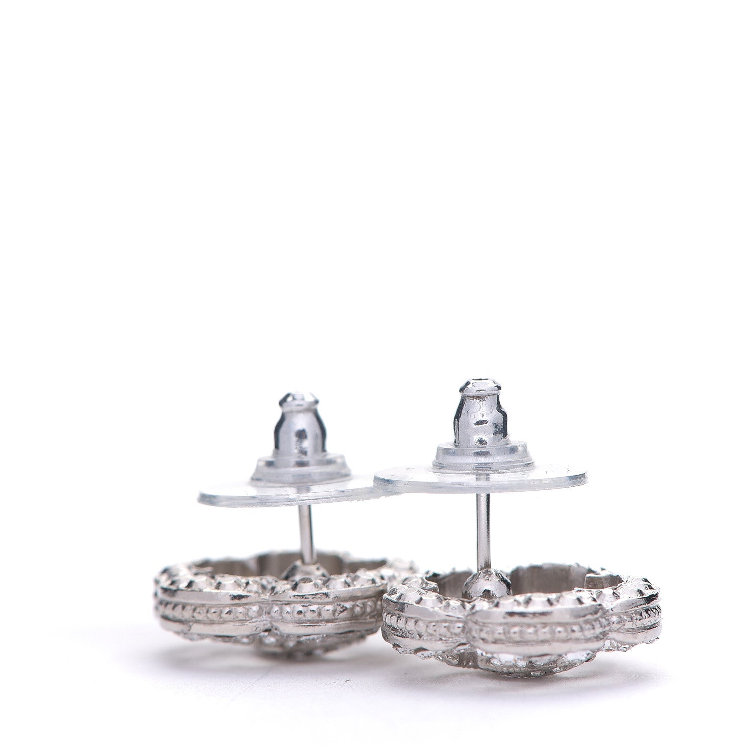 Chanel Crystal Coco Flapper Camellia CC Stud Earrings Silver 2 of 3