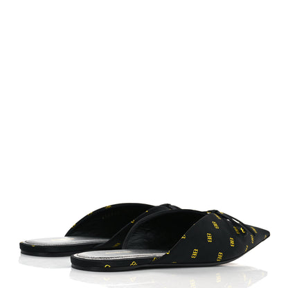 Balenciaga Crepe Satin BB Printed Pointy Toe Knife Flat Mules 37.5 Black Yellow Fluo 4 of 10