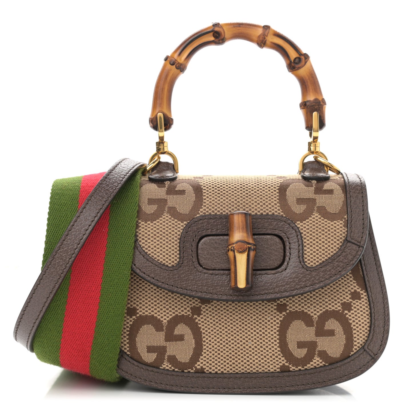 Monogram Jumbo GG Textured Dollar Calfskin Web Mini Bamboo 1947 Top Handle Bag Camel Ebony New Acero