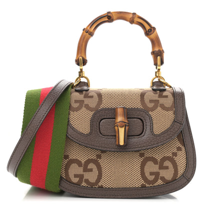 Gucci Monogram Jumbo GG Textured Dollar Calfskin Web Mini Bamboo 1947 Top Handle Bag Camel Ebony New Acero 1 of 11
