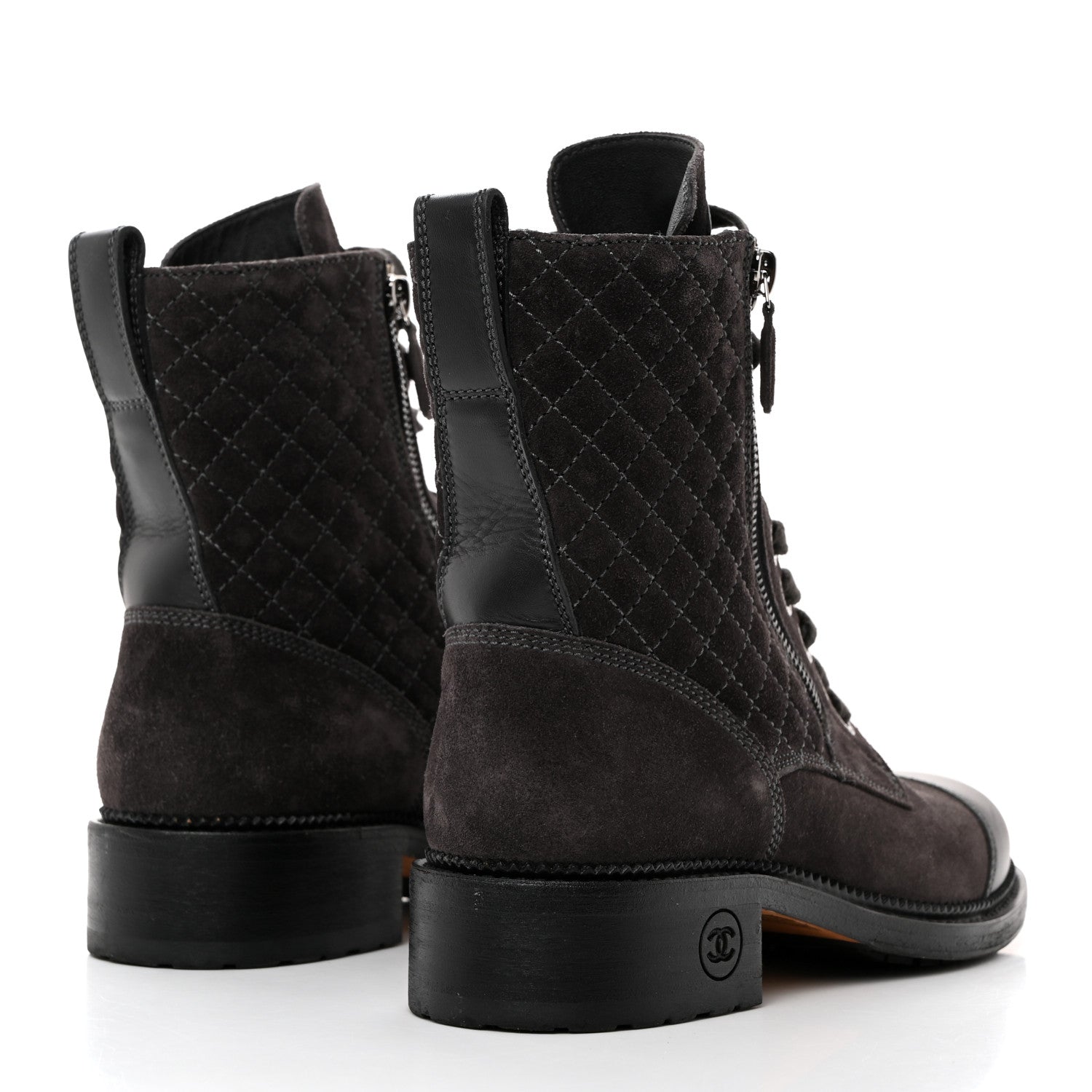 Chanel Suede Calfskin Quilted Lace Up Boots 39 Grey 4 of 8