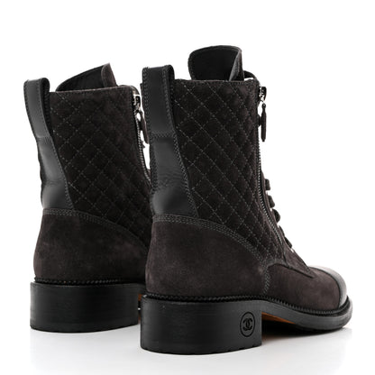 Chanel Suede Calfskin Quilted Lace Up Boots 39 Grey 4 of 8