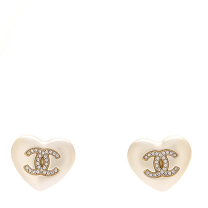 Chanel Pearl Crystal CC Heart Earrings Gold 1 of 5