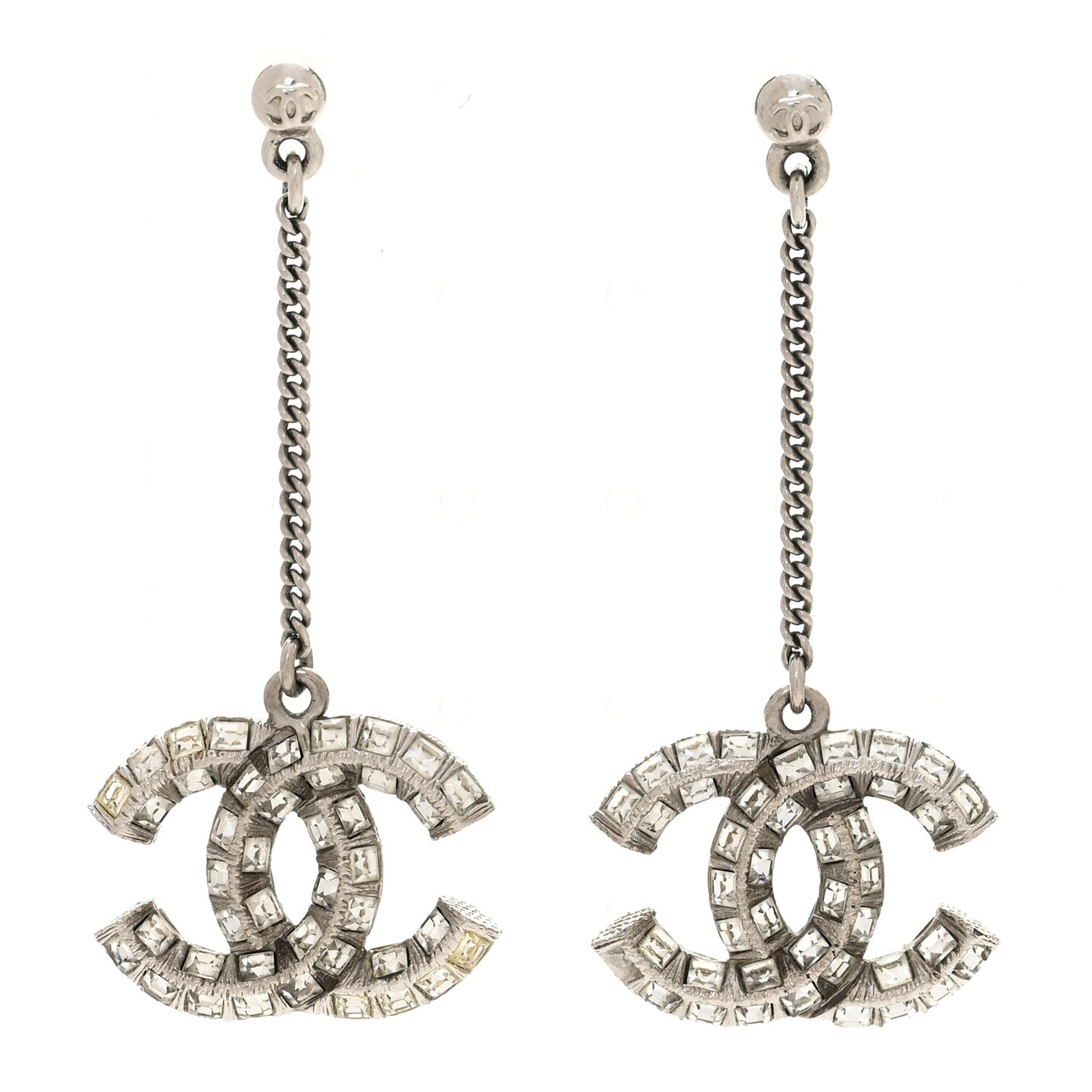 Crystal Baguette CC Drop Earrings Silver
