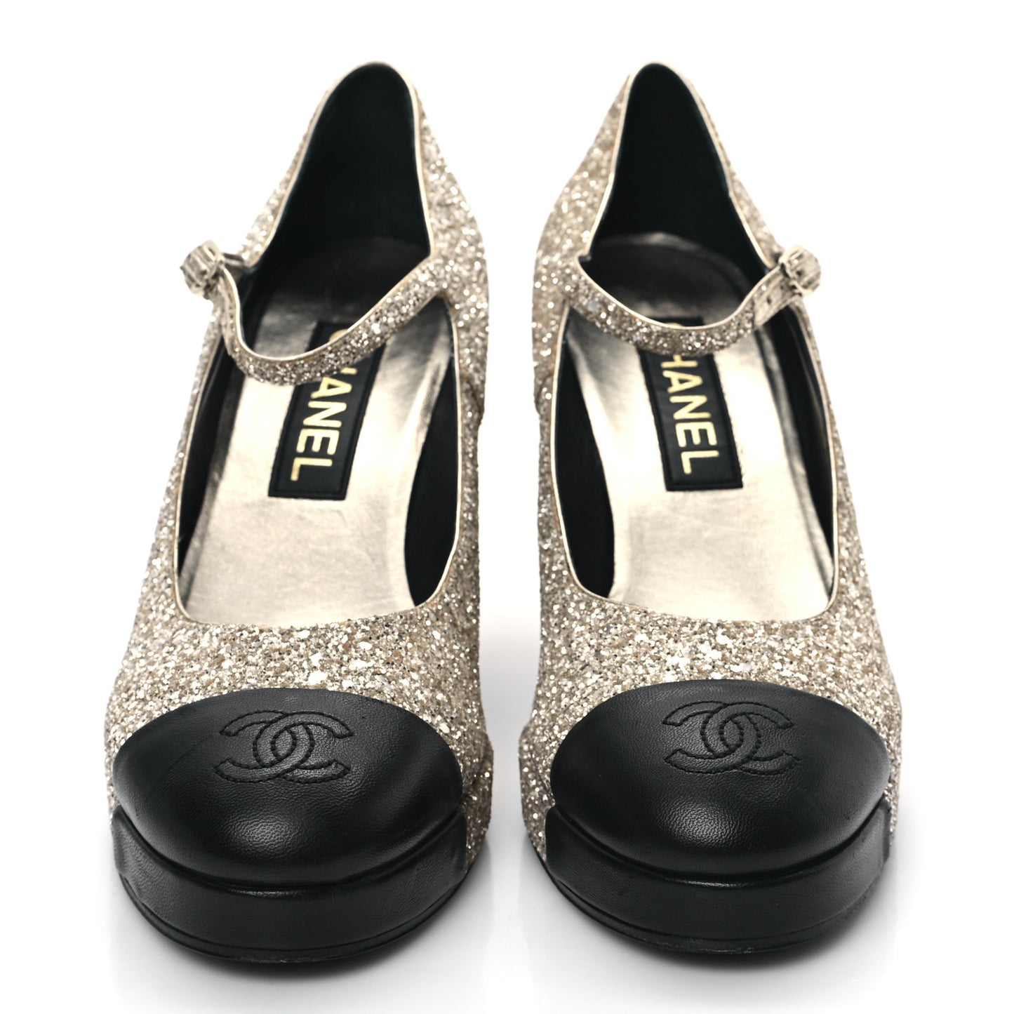 Glitter Lambskin Cap Toe CC Mary Jane Pumps 39.5 Light Gold Black