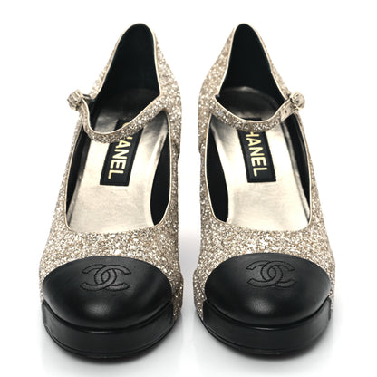 Chanel Glitter Lambskin Cap Toe CC Mary Jane Pumps 39.5 Light Gold Black 2 of 9