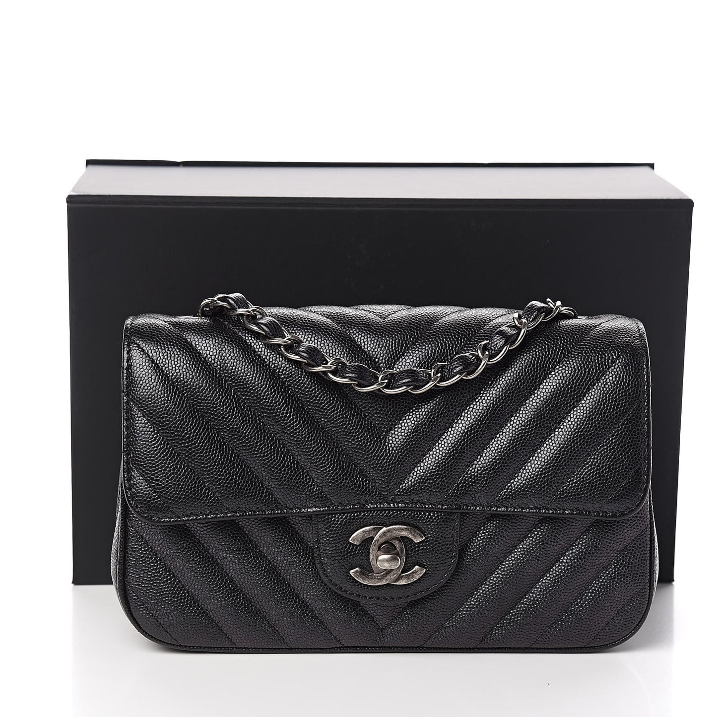 Iridescent Caviar Chevron Quilted Mini Rectangular Flap Black