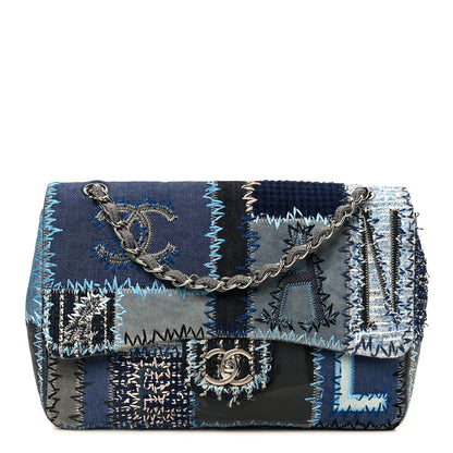 Chanel Denim Tweed Patchwork Jumbo Single Flap Blue 1 of 11