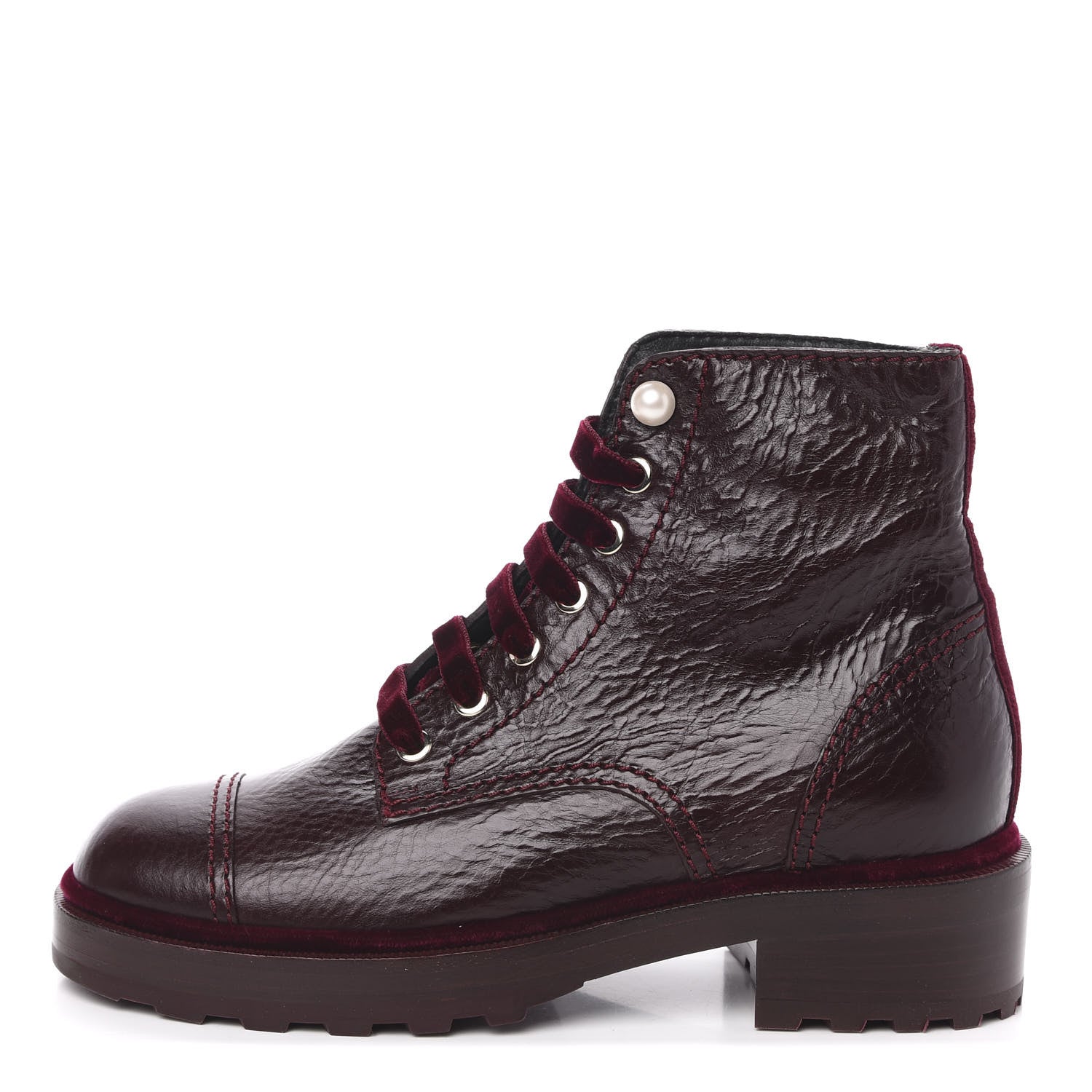 Chanel Calfskin Velvet Pearl Combat Short Boots 38 Burgundy 1 of 8