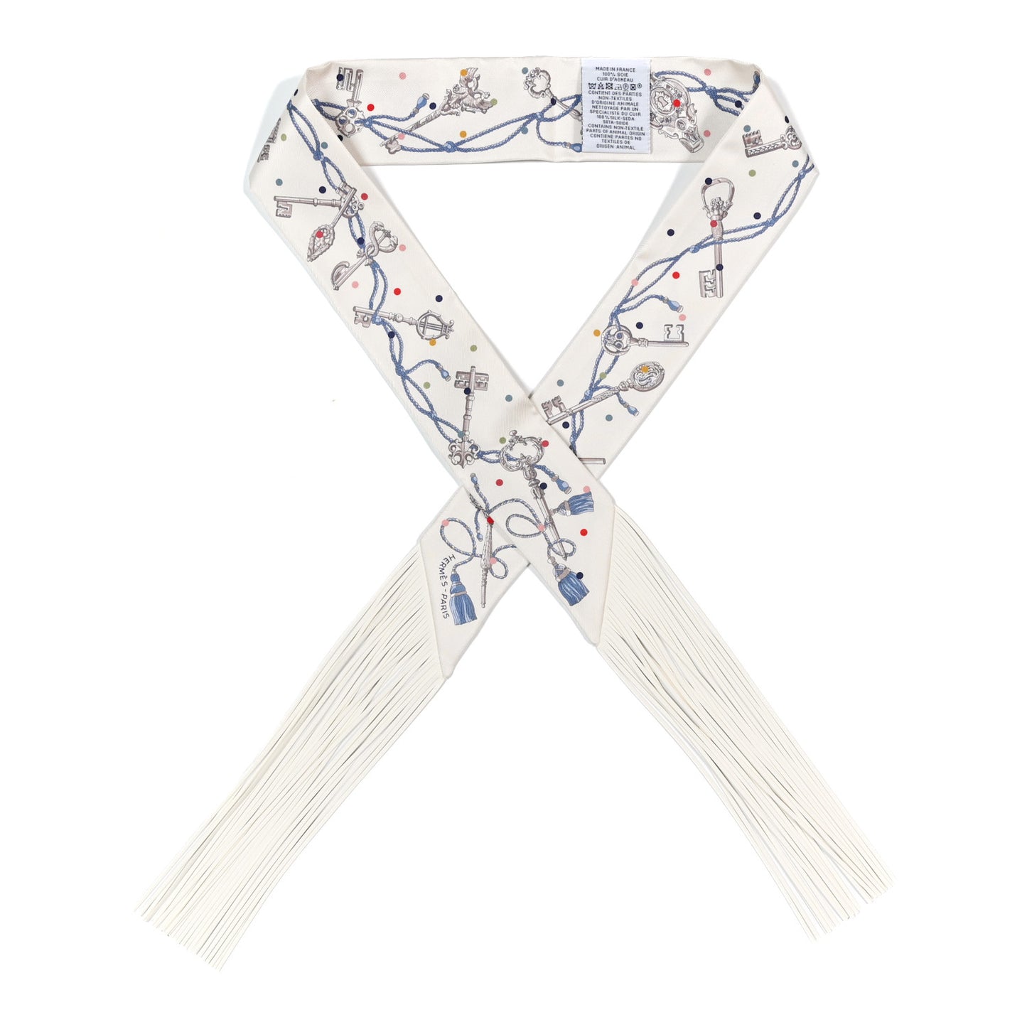 Silk Calfskin Les Cles A Pois Fringed Twilly Creme Gris Perle Multicolor Creme