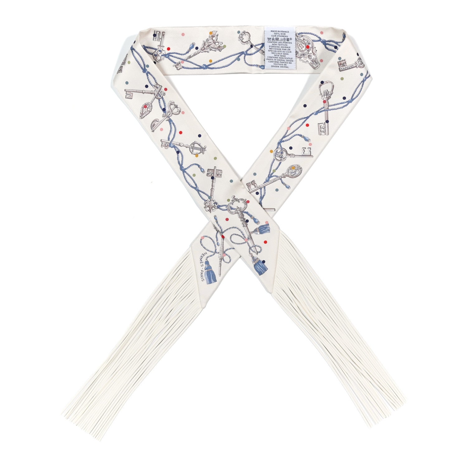Hermes Silk Calfskin Les Cles A Pois Fringed Twilly Creme Gris Perle Multicolor Creme 1 of 4