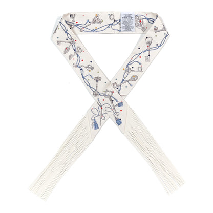 Hermes Silk Calfskin Les Cles A Pois Fringed Twilly Creme Gris Perle Multicolor Creme 1 of 4