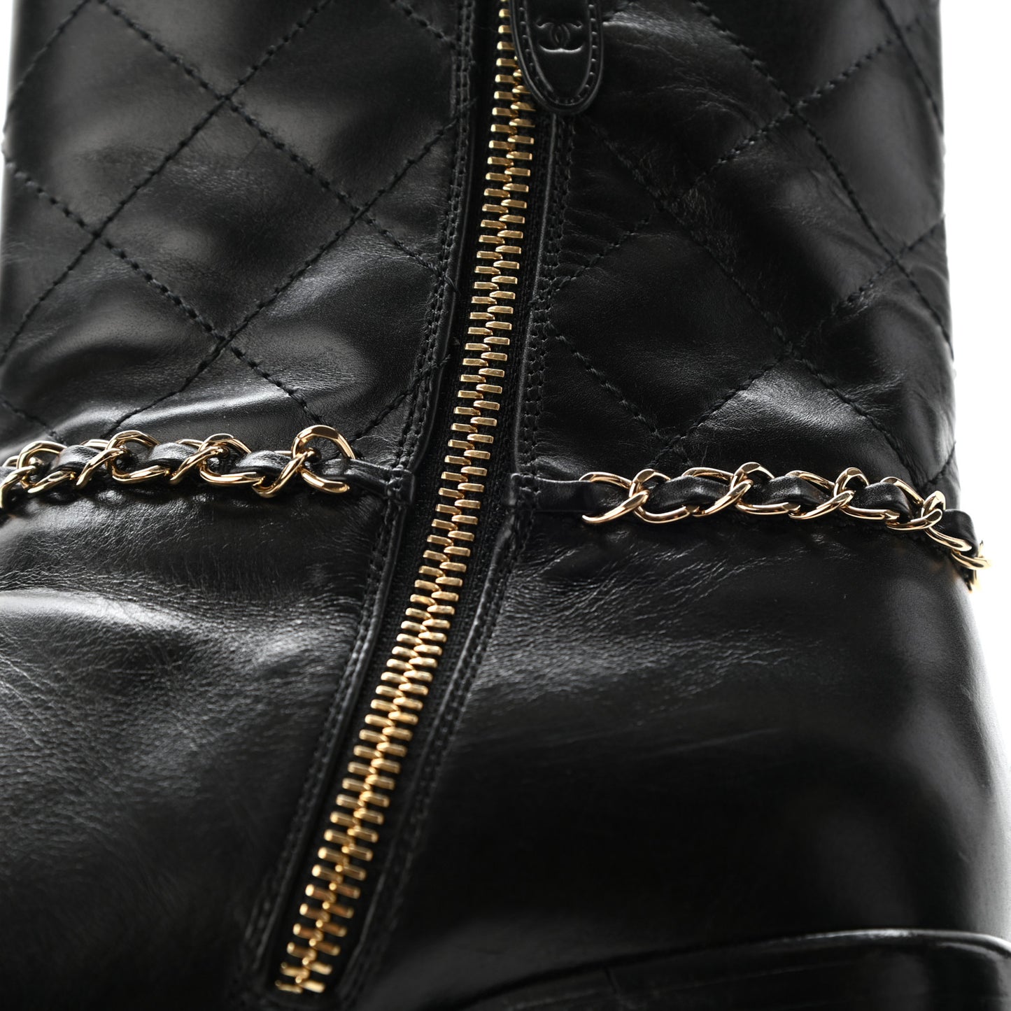 Crumpled Calfskin Chain CC Cap Toe Short Boots 38.5 Black