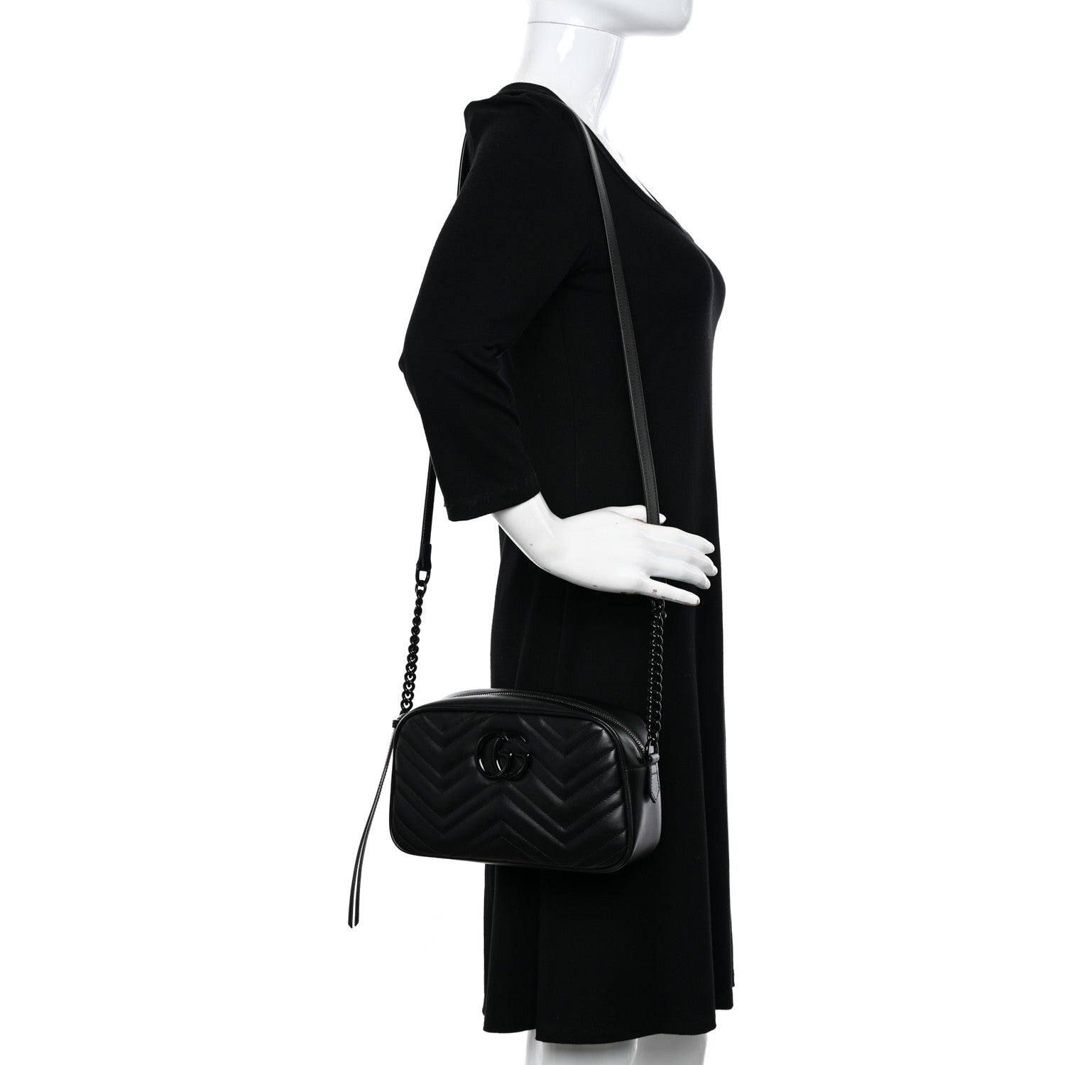 Gucci Calfskin Matelasse Monochrome Small GG Marmont Chain Shoulder Bag Black 2 of 10
