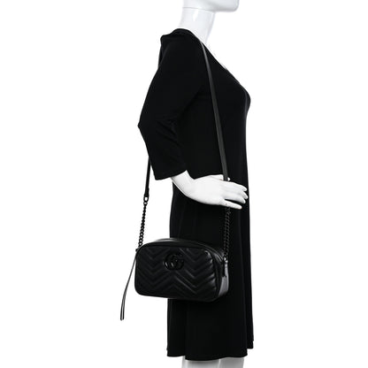 Gucci Calfskin Matelasse Monochrome Small GG Marmont Chain Shoulder Bag Black 2 of 10