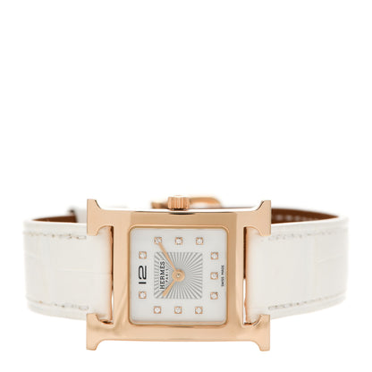 Hermes Stainless Steel Alligator Diamond Mother of Pearl 21mm Heure H Hour Quartz Watch Blanc 2 of 5