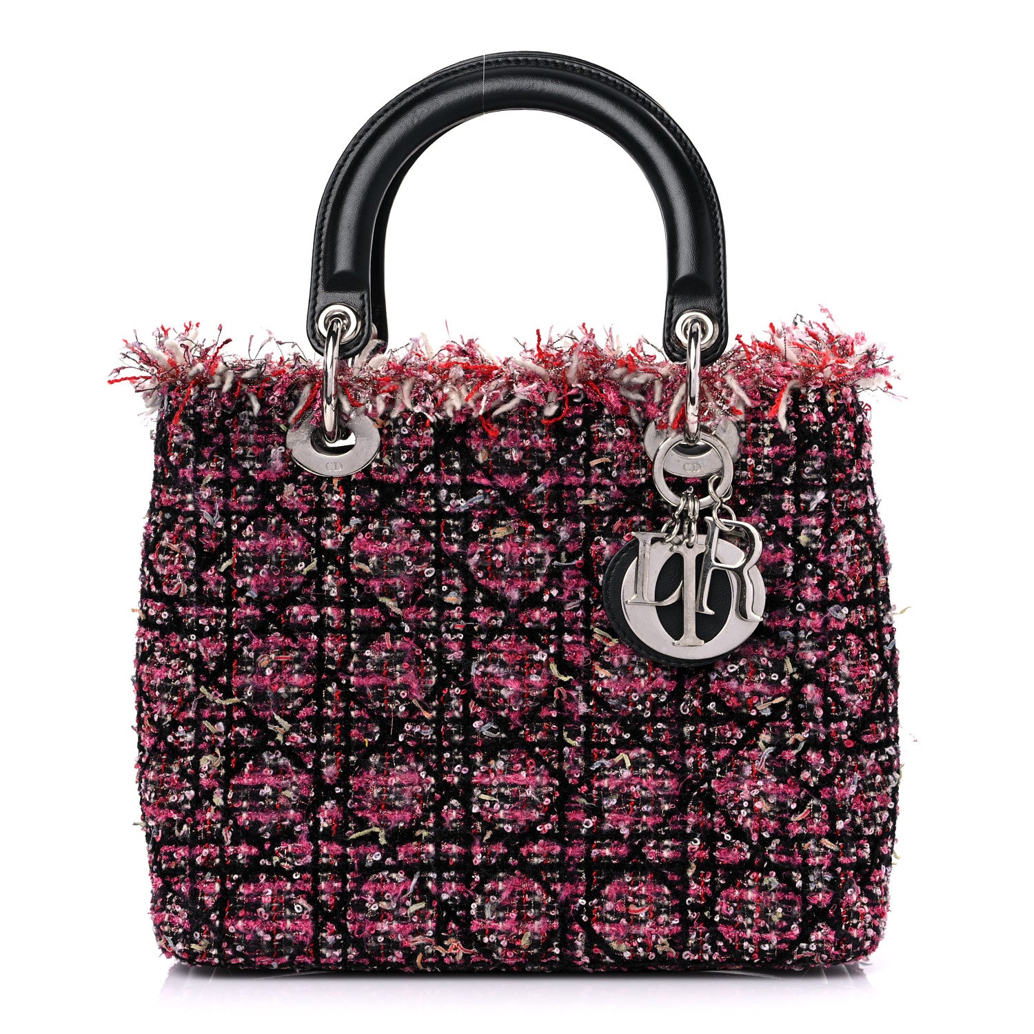 Christian Dior Tweed Fringe Cannage Embroidered Medium Lady Dior Pink Black Multicolor 1 of 12