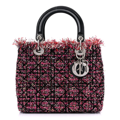 Christian Dior Tweed Fringe Cannage Embroidered Medium Lady Dior Pink Black Multicolor 1 of 12