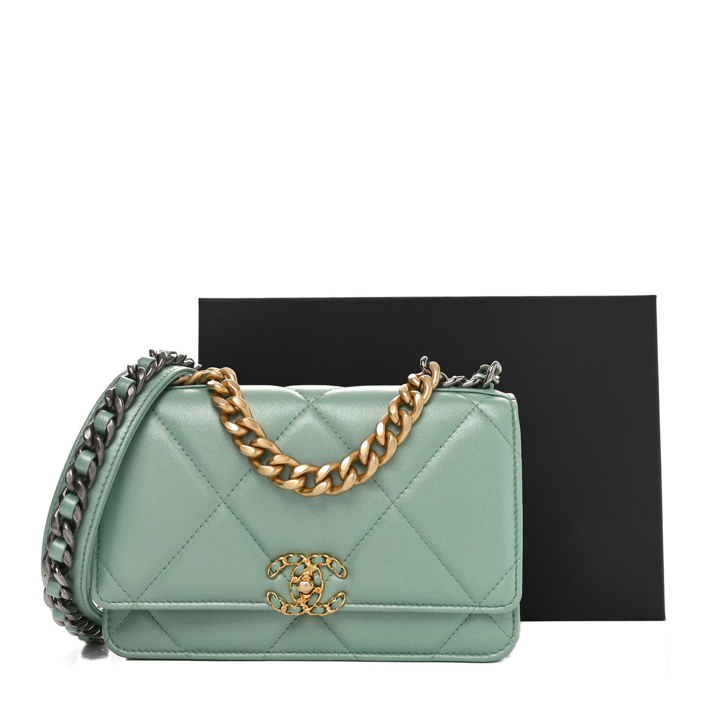 Shiny Lambskin Quilted Chanel 19 Wallet On Chain WOC Light Green