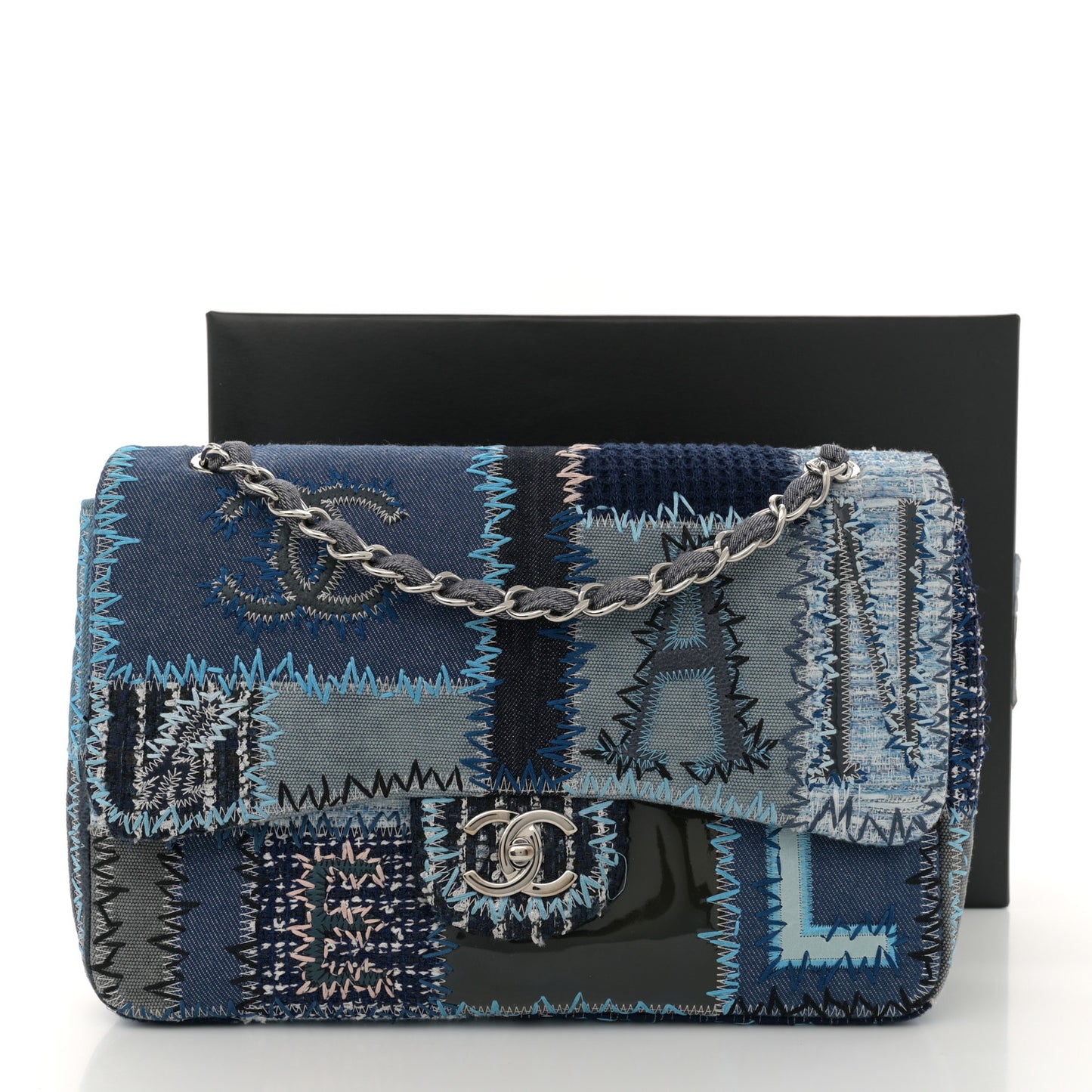 Denim Tweed Patchwork Jumbo Single Flap Blue
