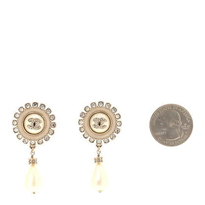 Chanel Crystal Pearl Enamel CC Drop Earrings Gold White 2 of 5