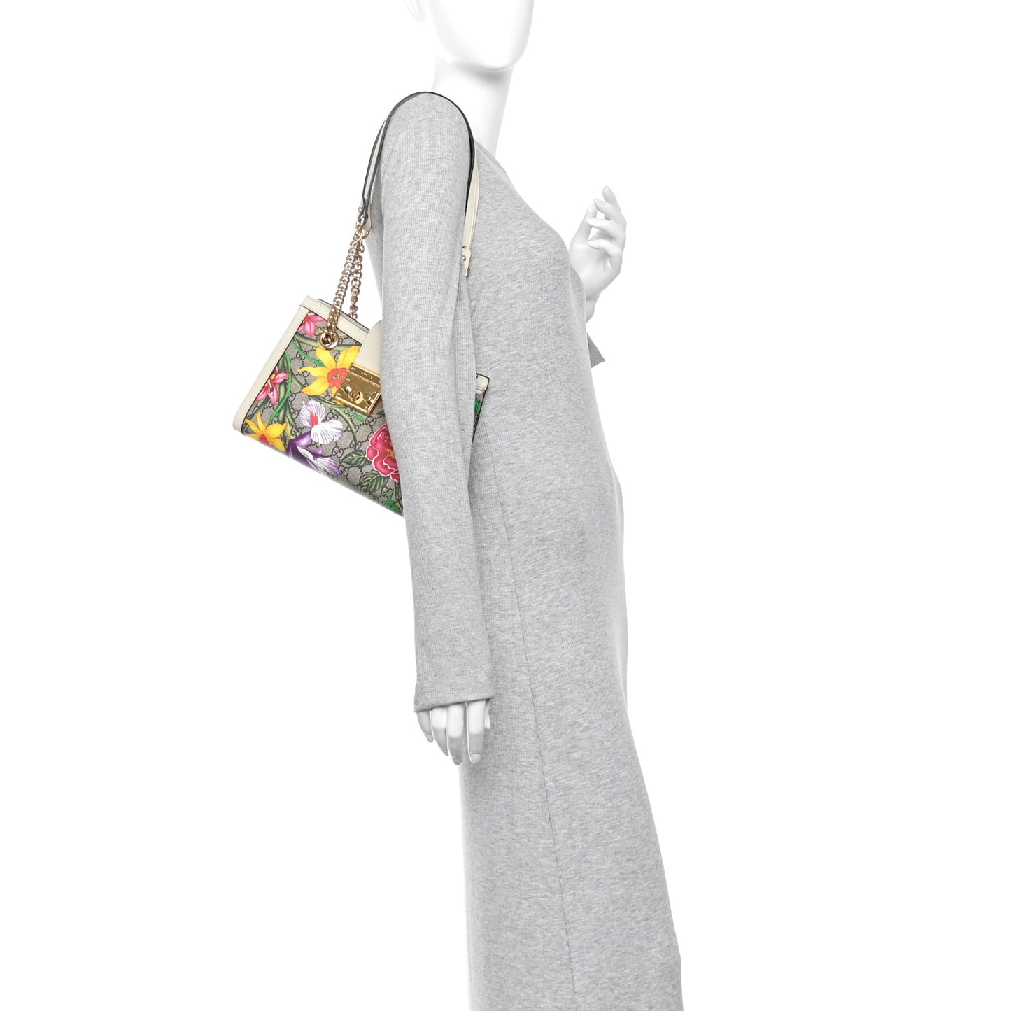 GG Supreme Monogram Flora Textured Calfskin Small Padlock Tote Beige Ebony Multicolor Mystic White