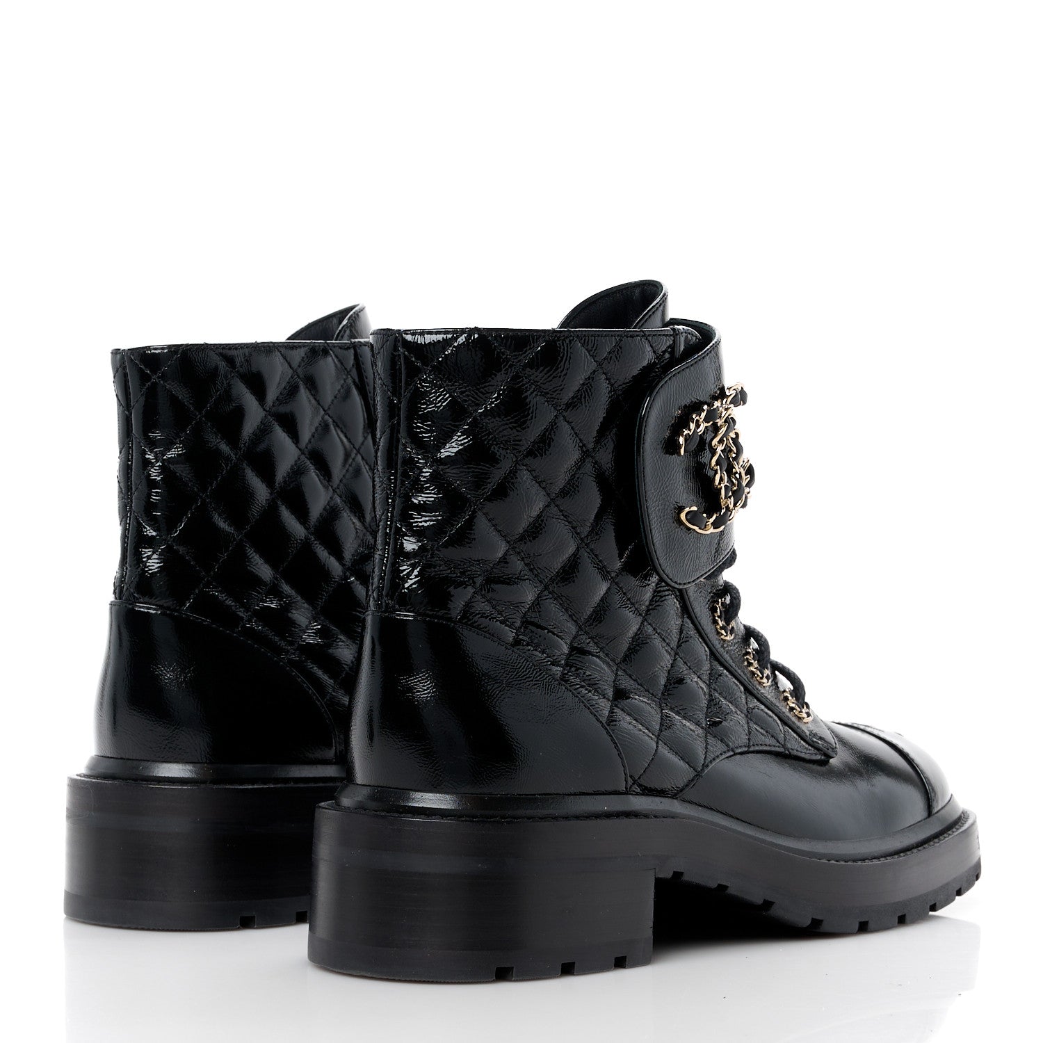 Chanel Shiny Lambskin Quilted Lace Up Combat Boots 39 Black 4 of 10